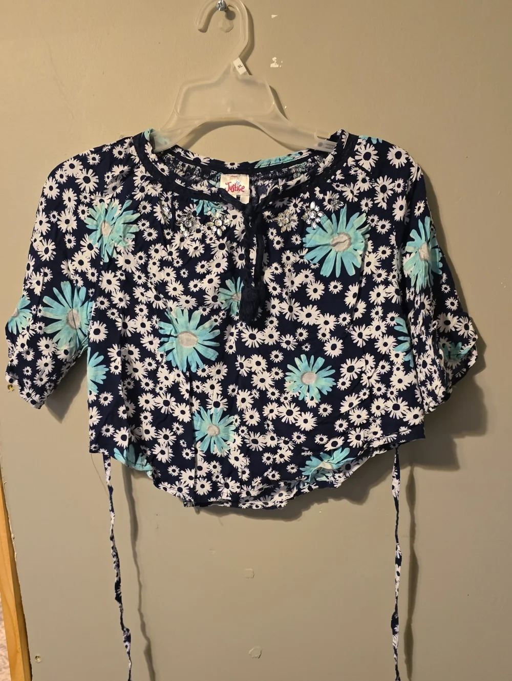 Justice Navy Daisy Tie-back Crop Top with Aqua Accents